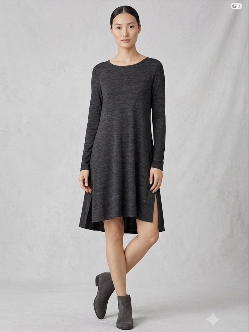 Eileen Fisher Charcoal Long-Sleeve High- Low Swing Dress with Side Slits
